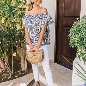 Pink Lily Blue Embroidered off the shoulder Blouse